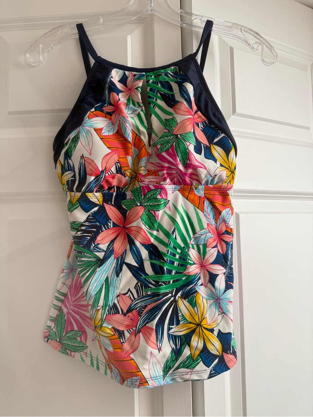 Women’s Floral Tank  Swimsuit Top- Navy Trim, Multicolor